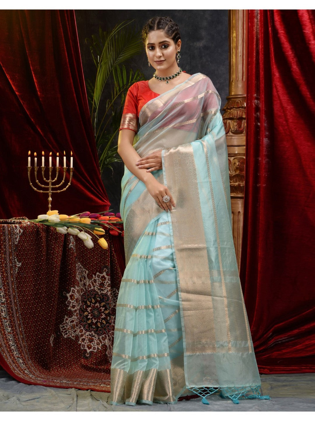 The Weaver's Organza Stripe Banarasi Saree Water Blue - THE WEAVER