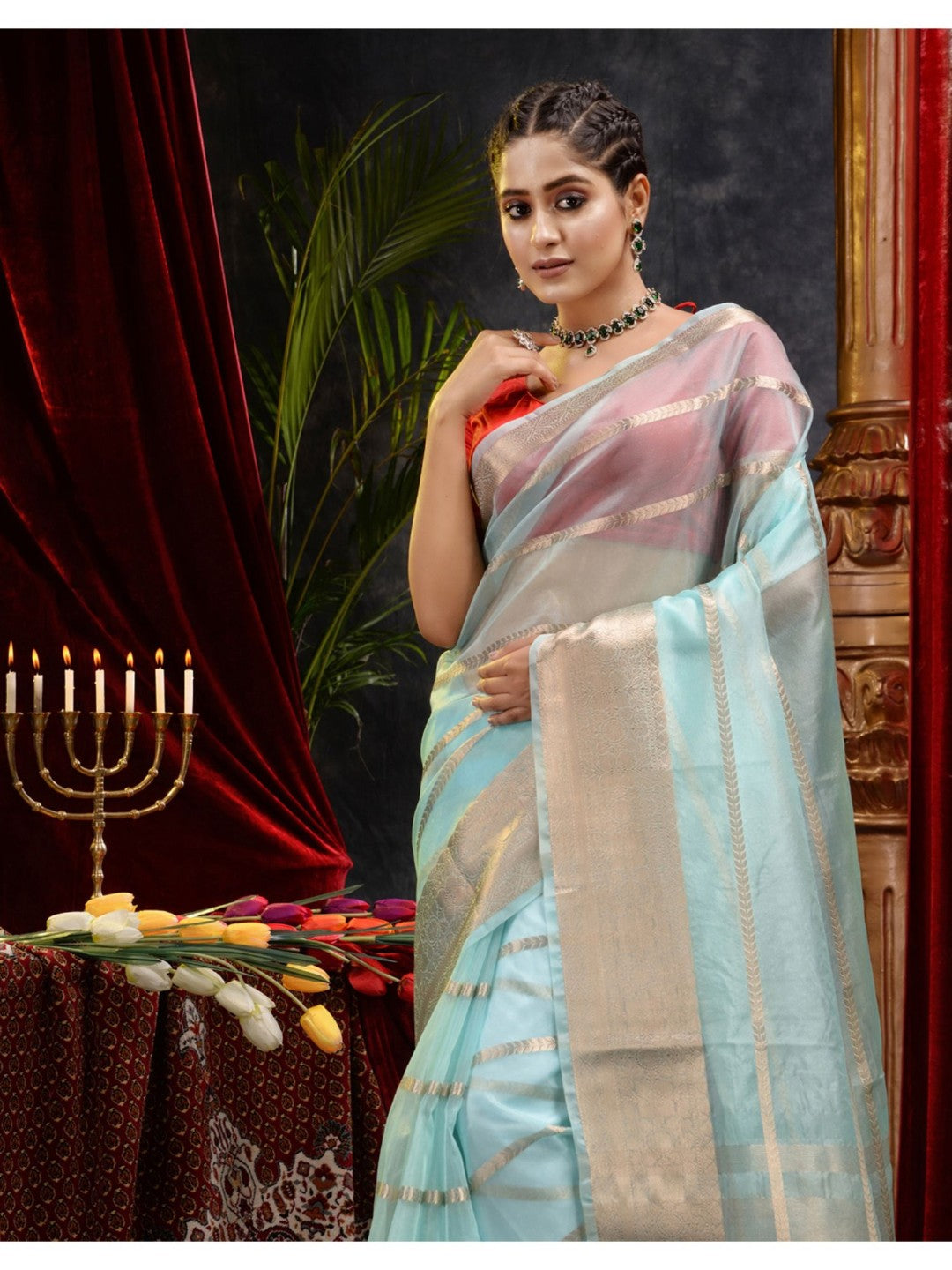 The Weaver's Organza Stripe Banarasi Saree Water Blue - THE WEAVER