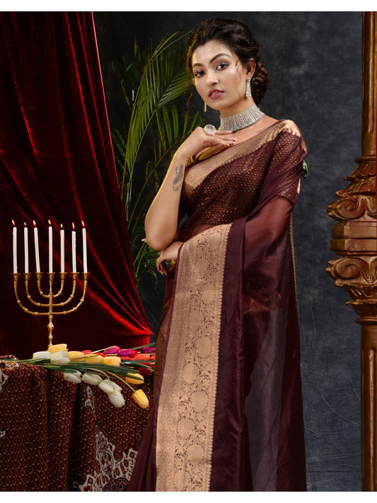 The Weaver's organza banarasi saree- mahogany - THE WEAVER