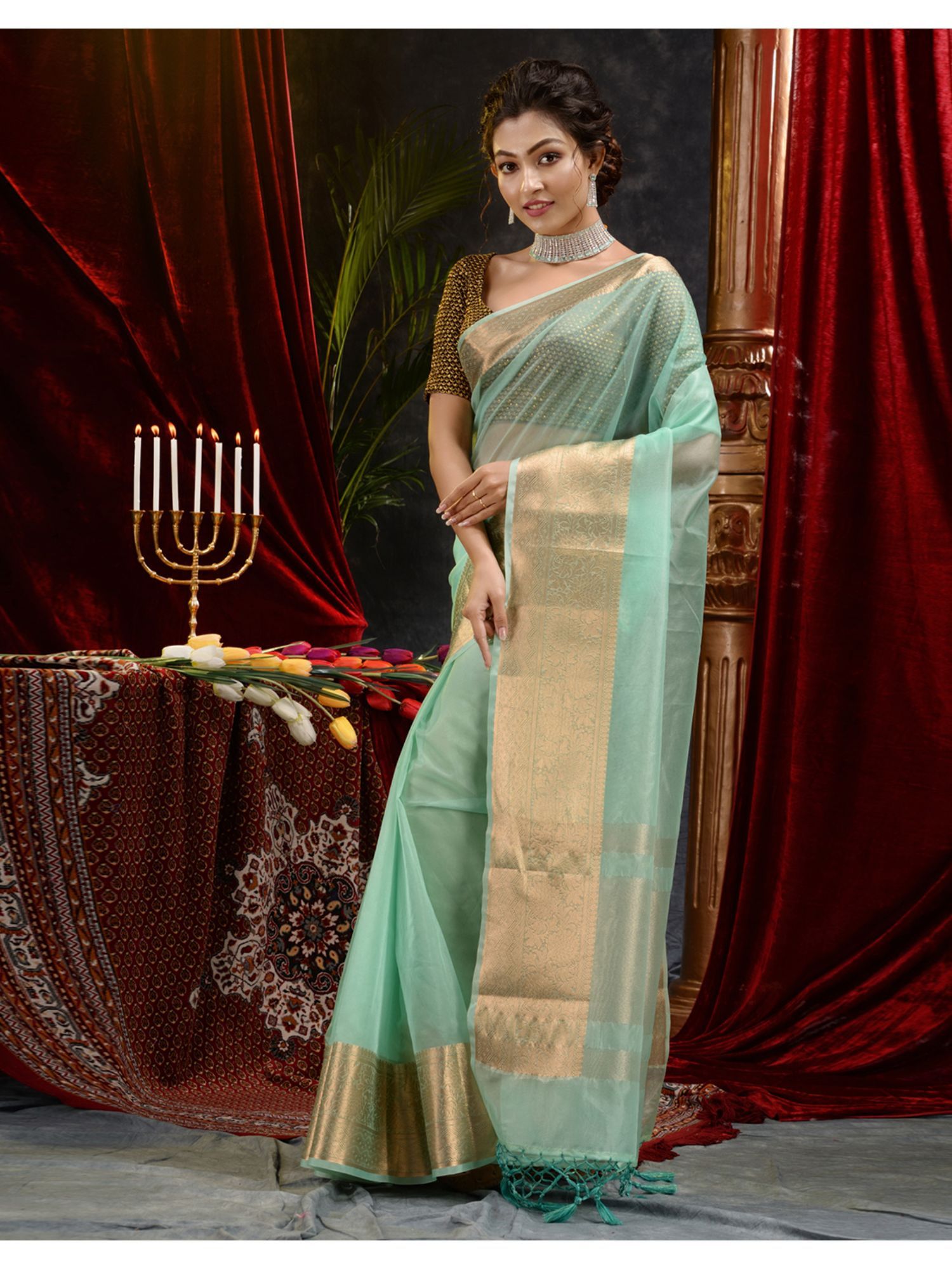 The Weaver's organza banarasi saree-sea green - THE WEAVER