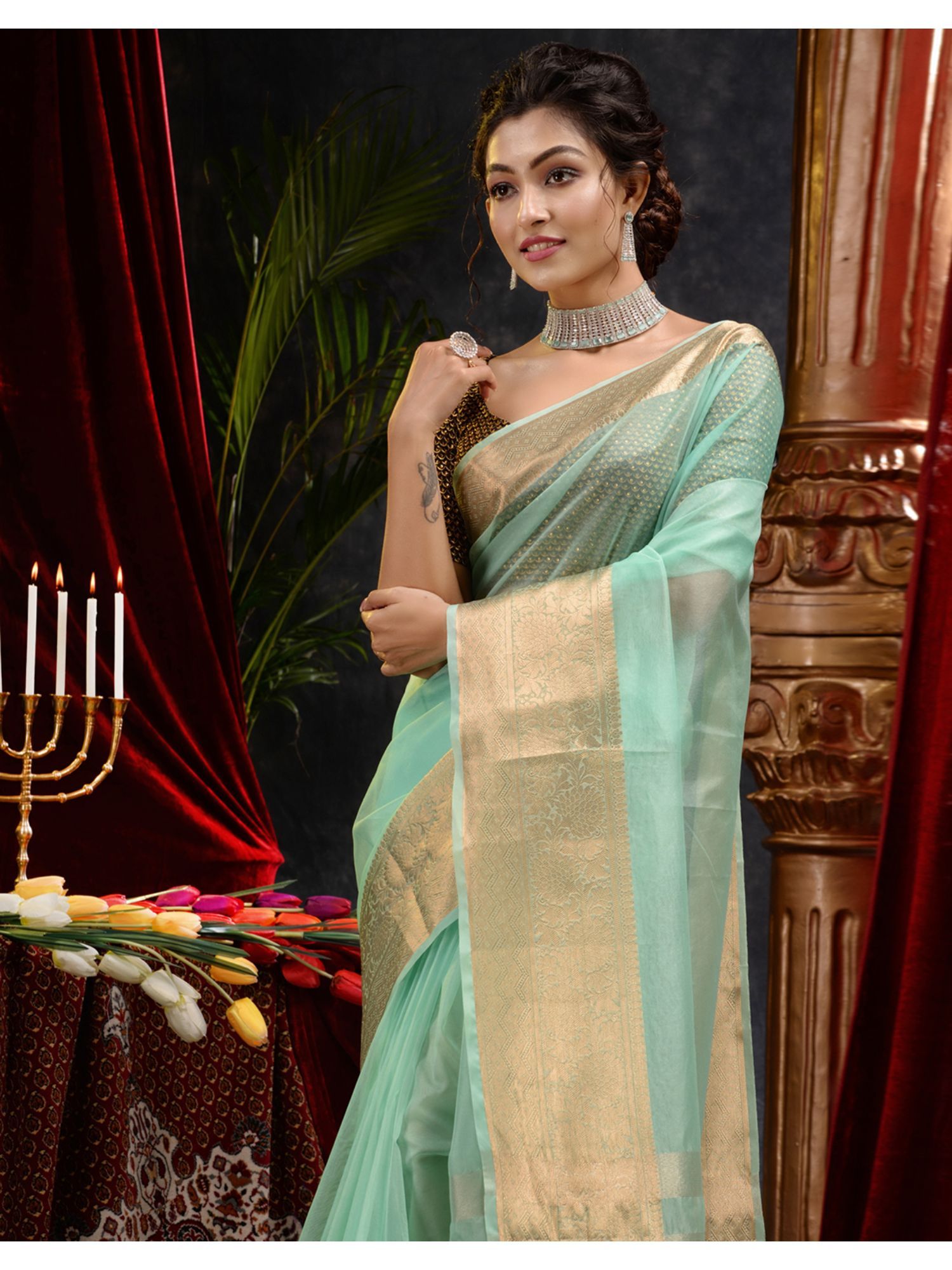 The Weaver's organza banarasi saree-sea green - THE WEAVER