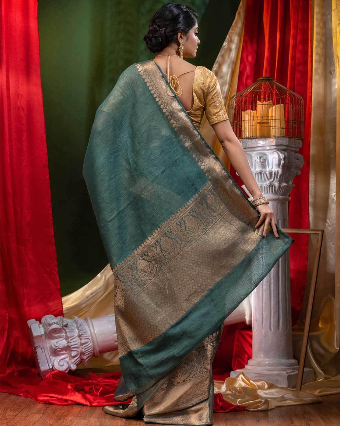 Pure Linen Banarasi Saree Pine Green - The Weaver Banaras