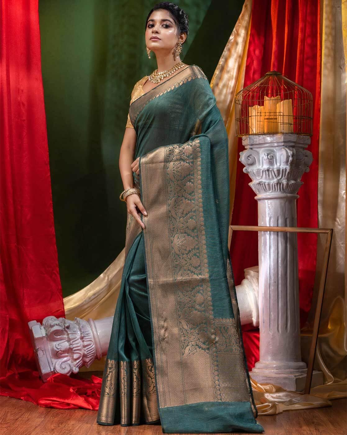 Pure Linen Banarasi Saree Pine Green - The Weaver Banaras