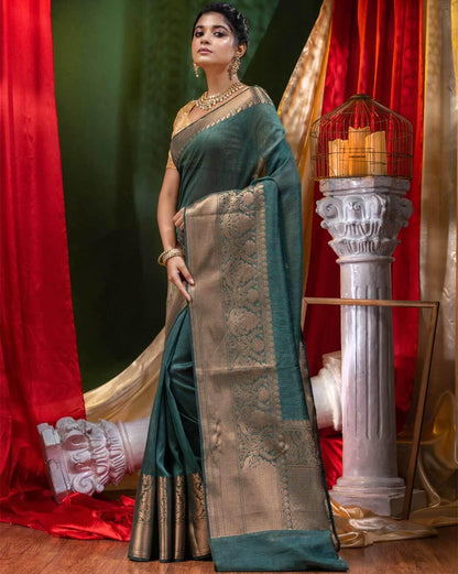 Pure Linen Banarasi Saree Pine Green - The Weaver Banaras