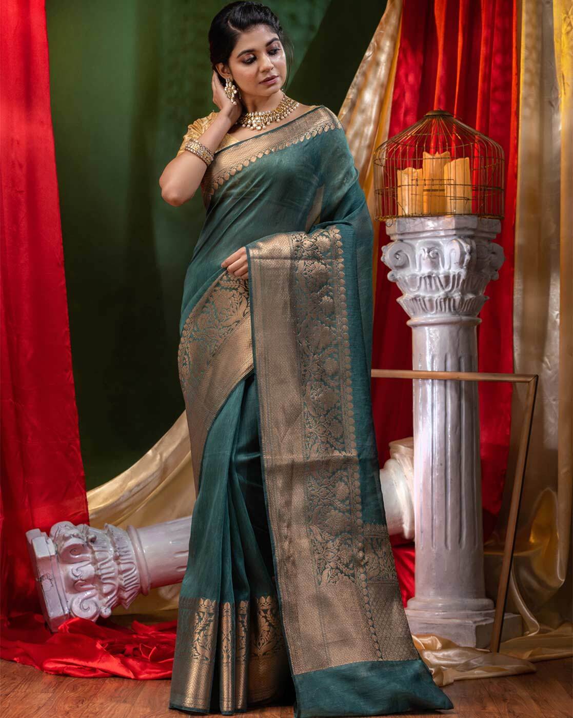 Pure Linen Banarasi Saree Pine Green - The Weaver Banaras