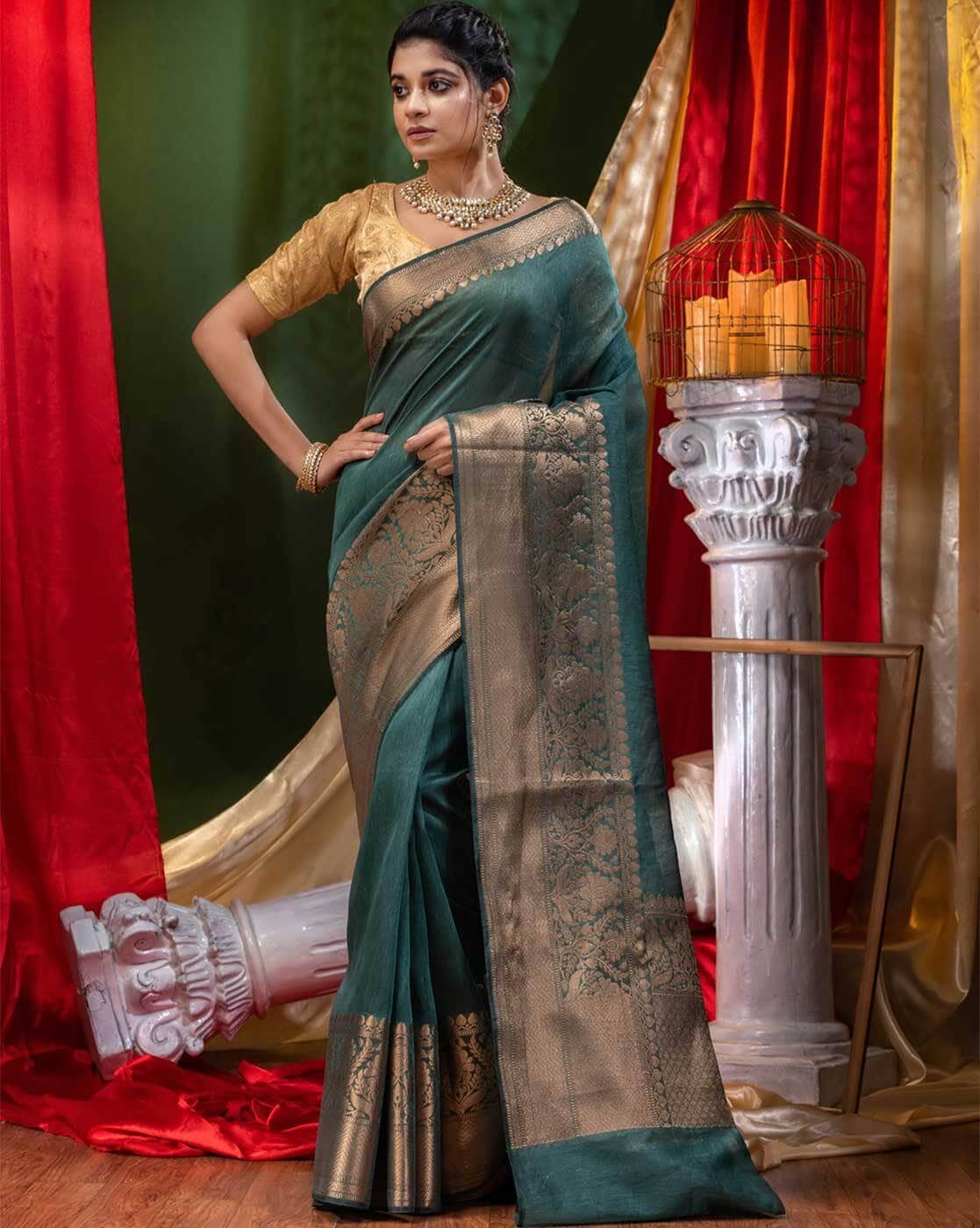 Pure Linen Banarasi Saree Pine Green - The Weaver Banaras