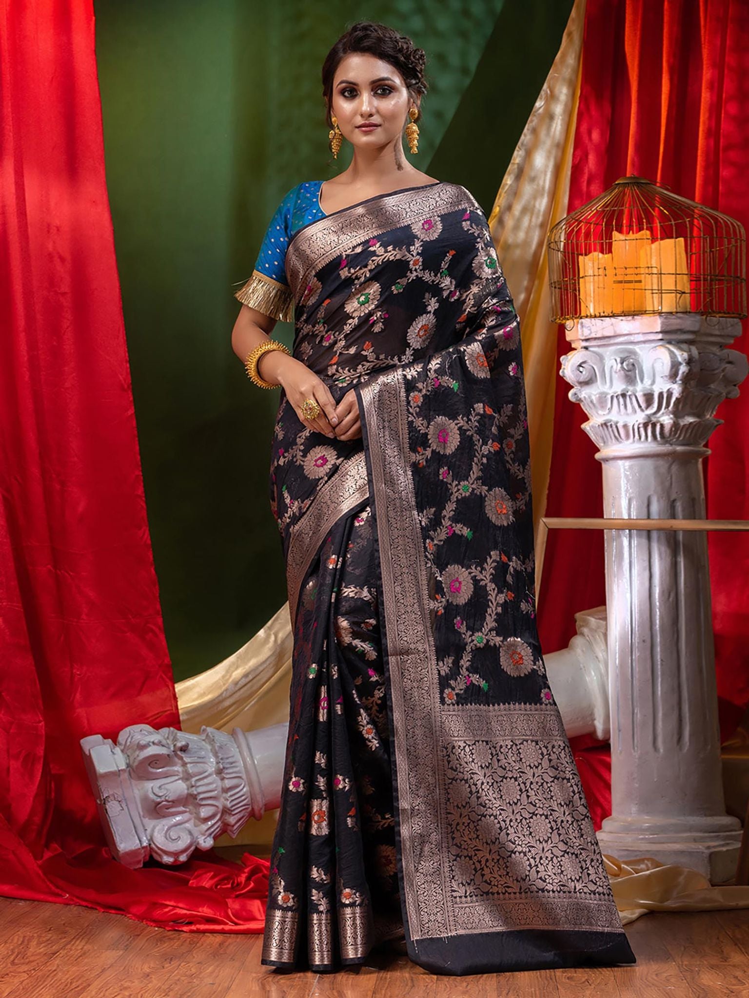 Georgette Banarasi Saree All Over Jaal With Meenakari Black - THE WEAVER