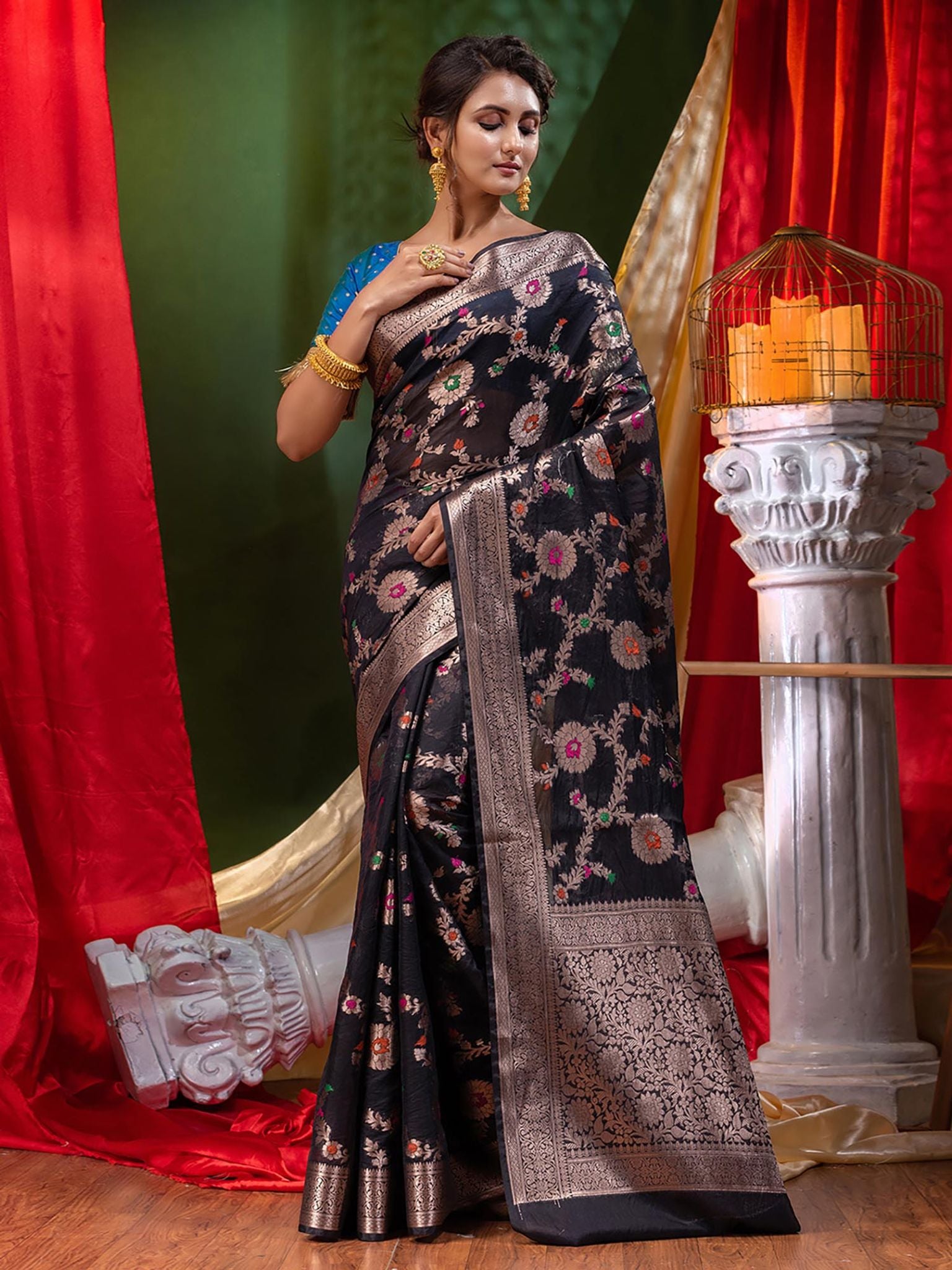 Georgette Banarasi Saree All Over Jaal With Meenakari Black - THE WEAVER