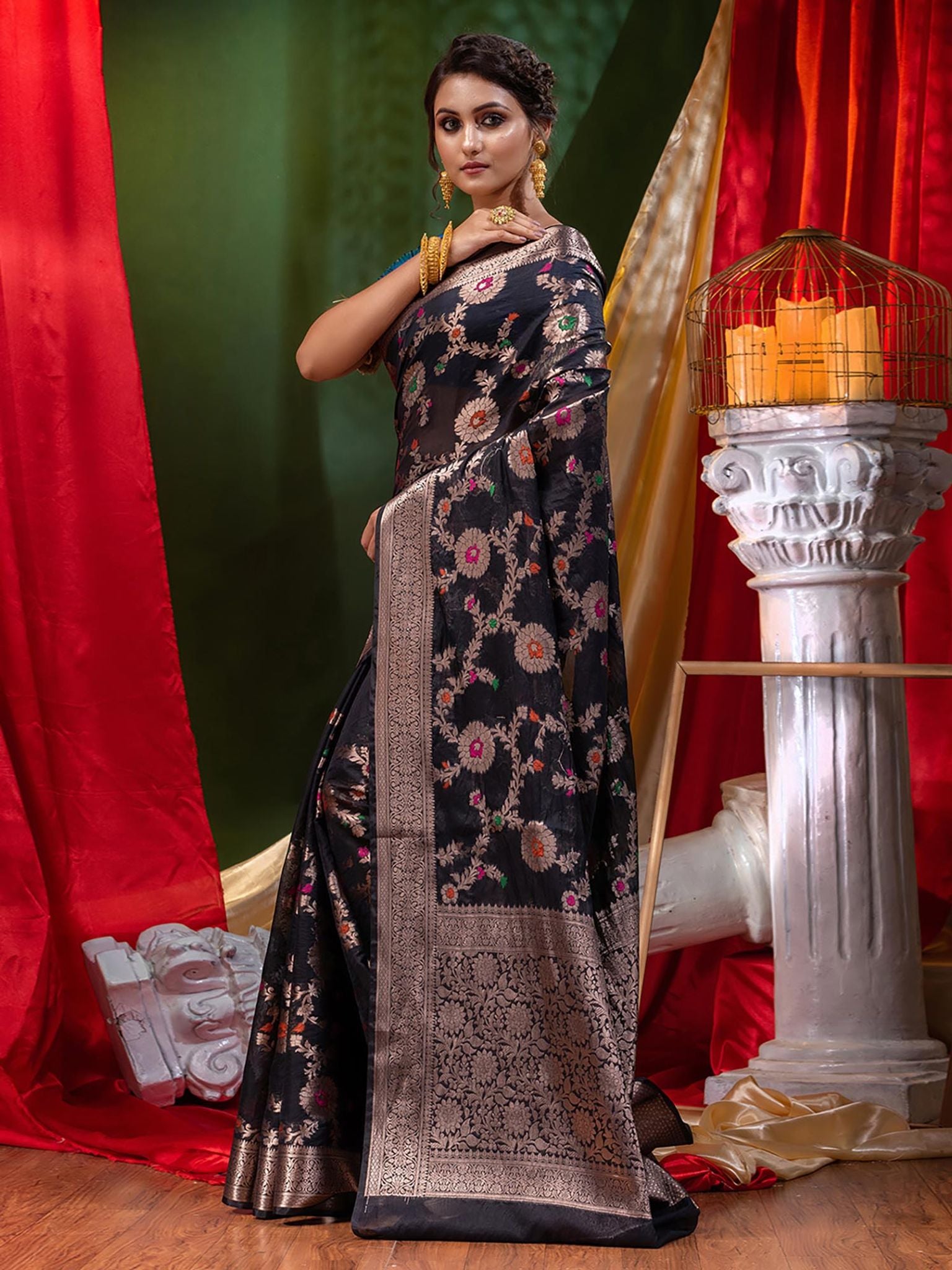 Georgette Banarasi Saree All Over Jaal With Meenakari Black - THE WEAVER