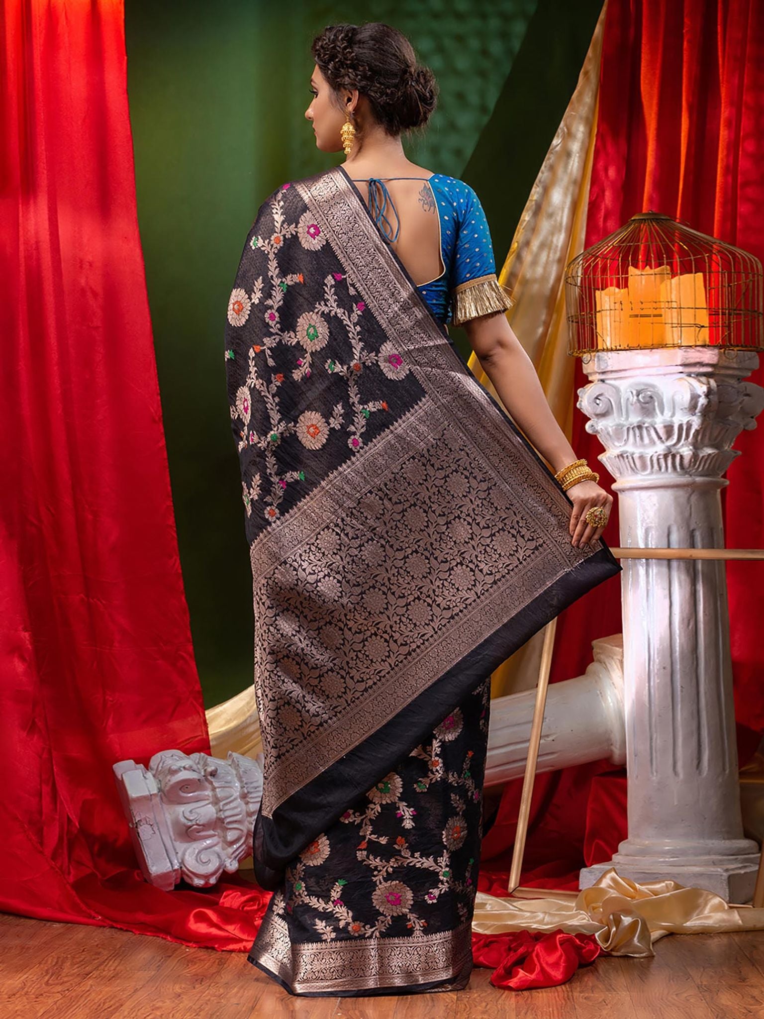 Georgette Banarasi Saree All Over Jaal With Meenakari Black - THE WEAVER