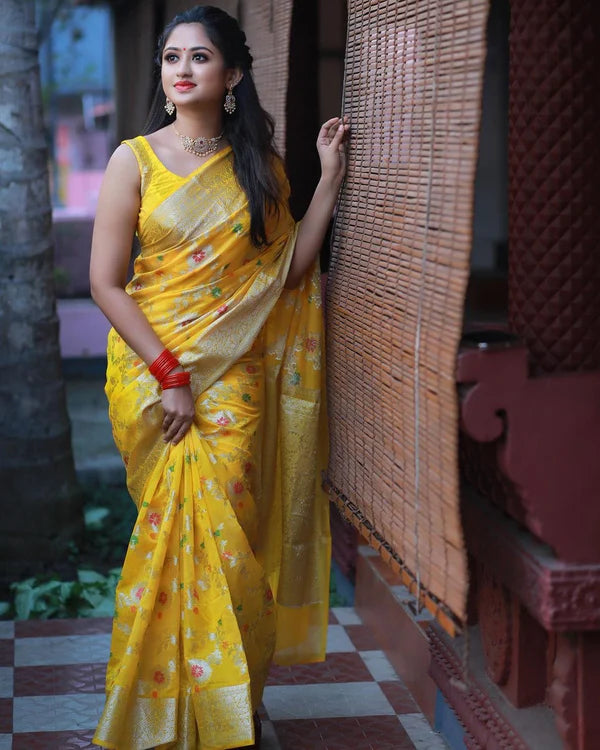 Georgette Banarasi Saree All Over Jaal With Meenakari Yellow - The Weaver Banaras