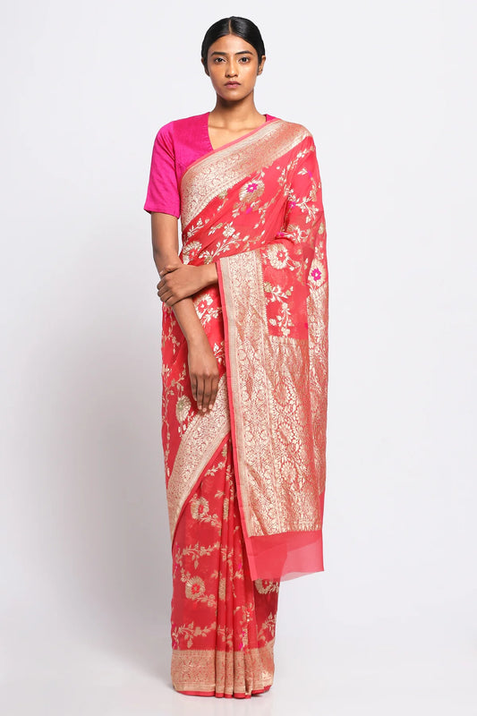 Georgette Banarasi Saree All Over Jaal With Meenakari Coral - The Weaver Banaras