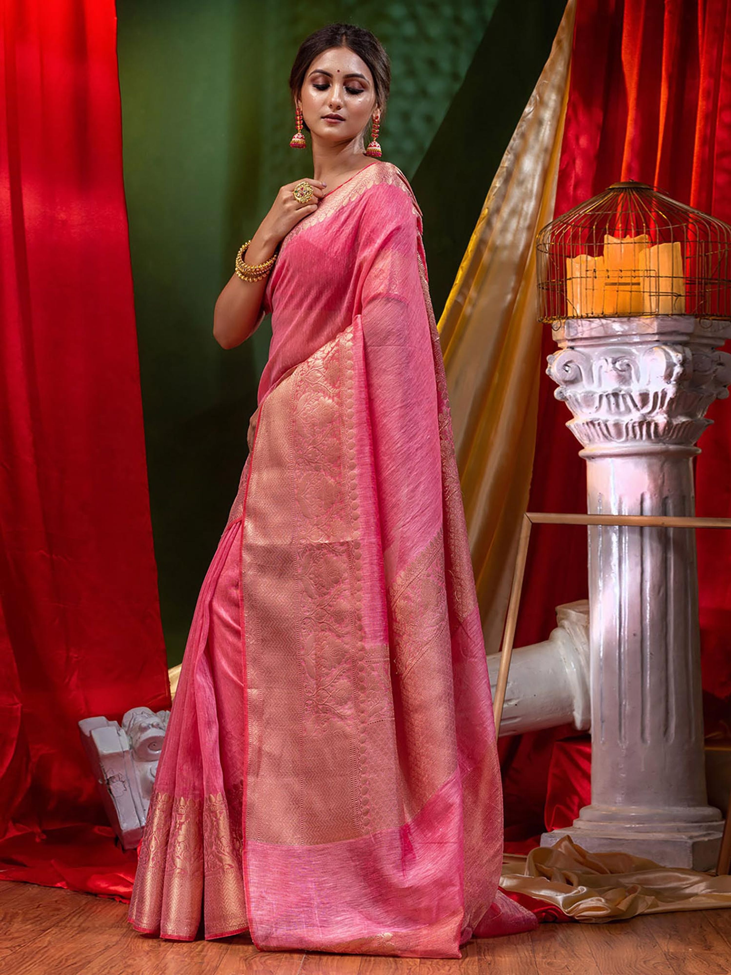 Pure Linen Banarasi Saree Pink - THE WEAVER