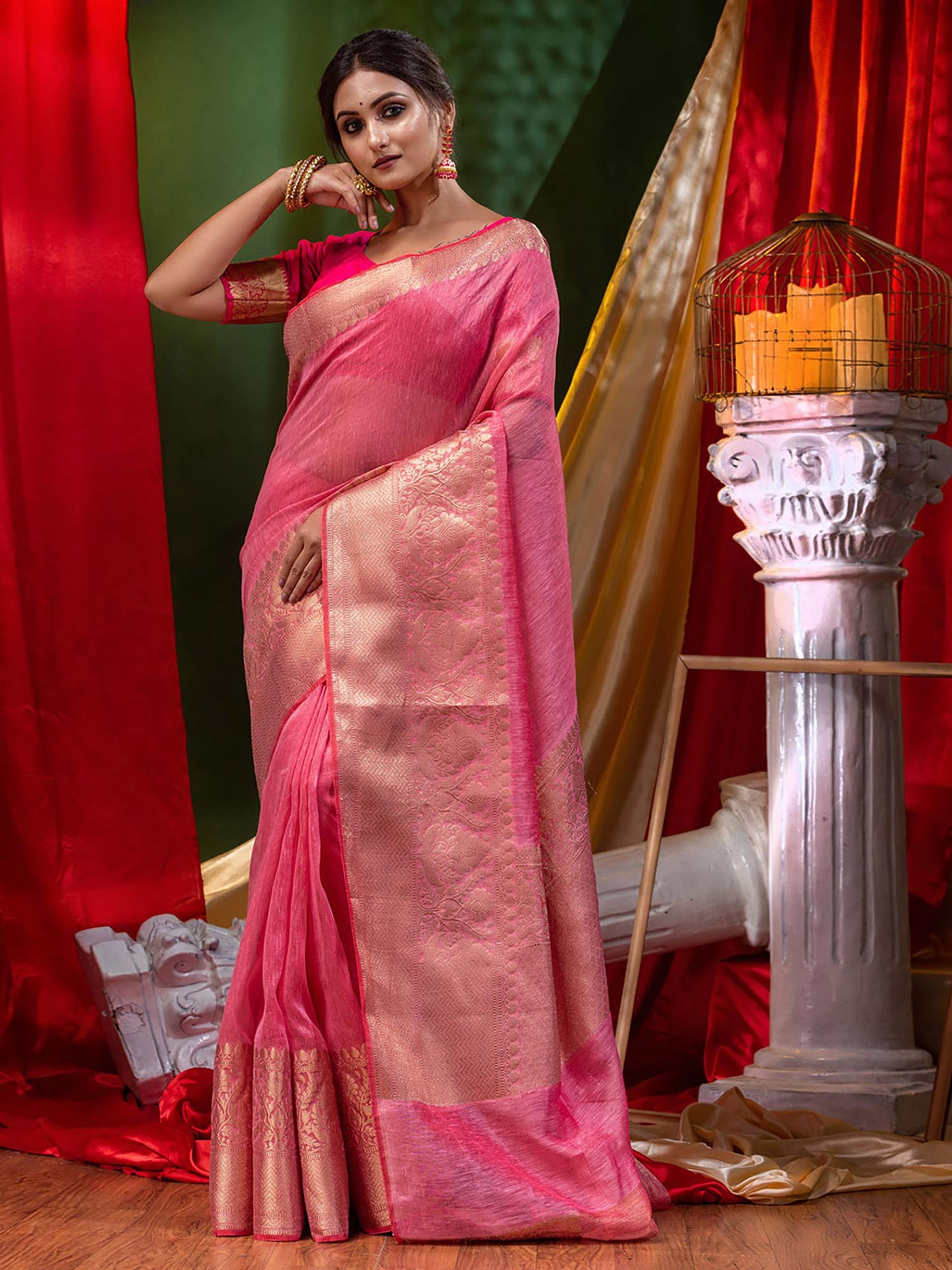 Pure Linen Banarasi Saree Pink - THE WEAVER