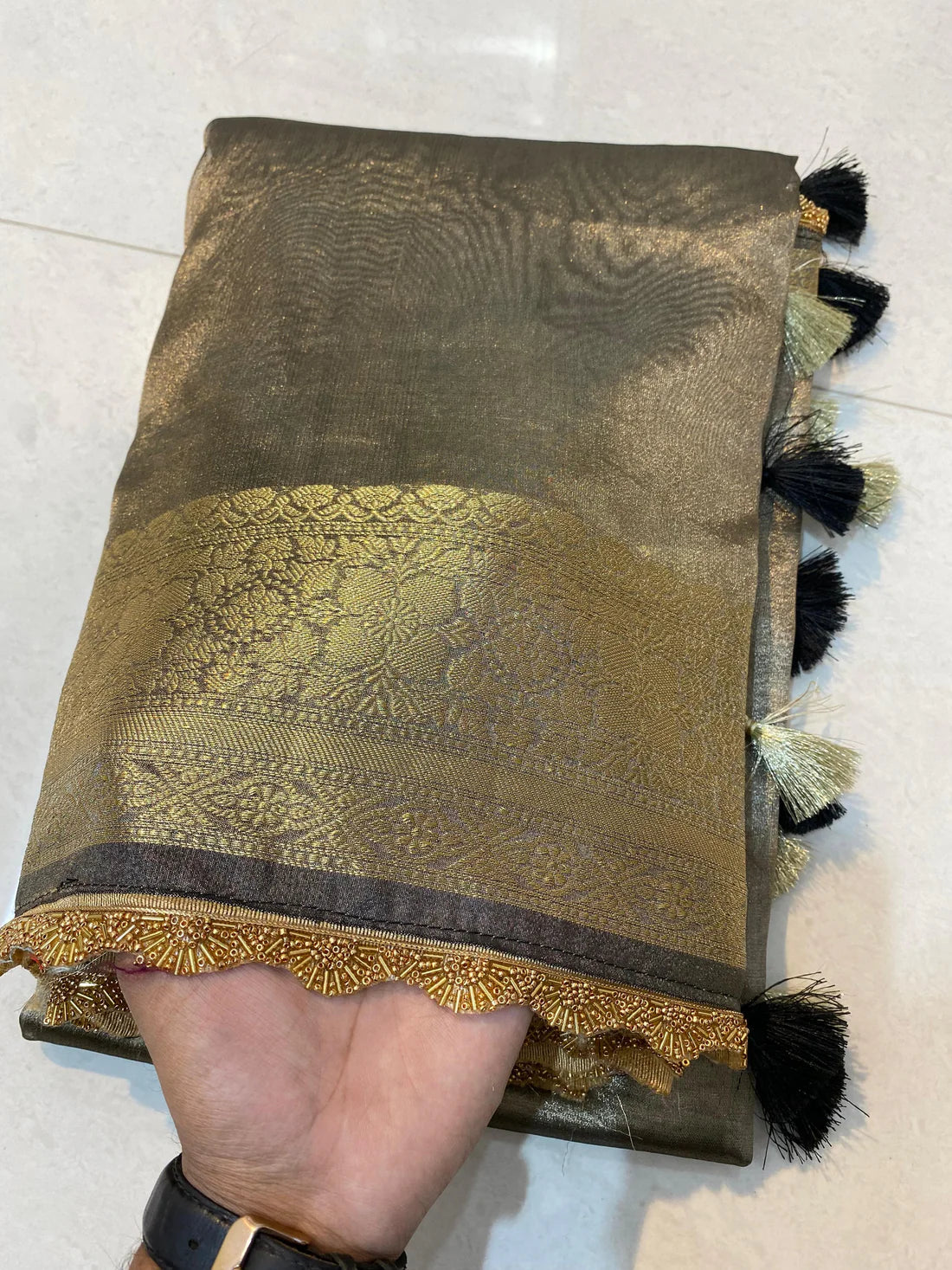 Banarasi Tissue Silk Saree With Heavy Lace Work Running blouse - The Weaver Banaras