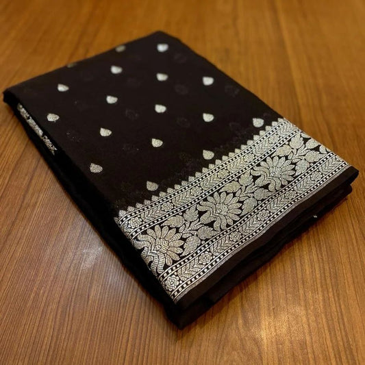 Banarasee Handwoven Faux Georgette Saree With Silver Zari Buti Design-Black - The Weaver Banaras