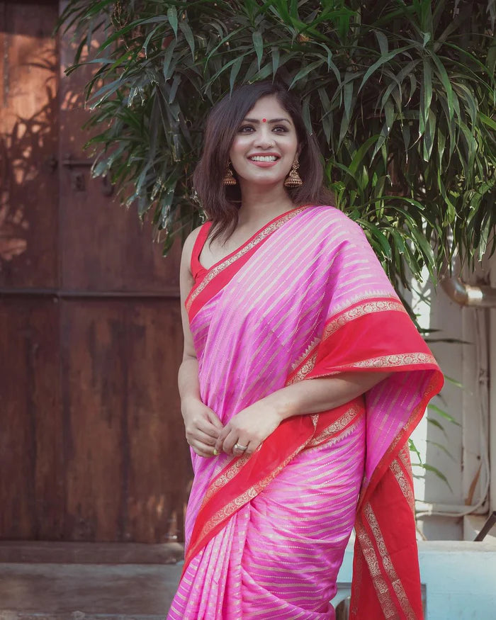 Banarasi Handwoven  Silk Saree With Stripes Design & Solid Border Pink And Red - The Weaver Banaras