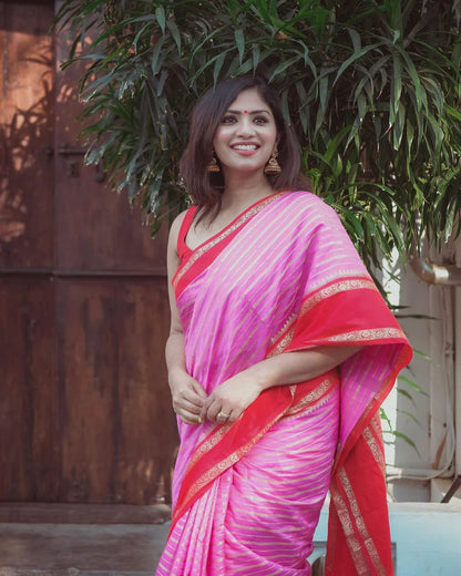 Banarasi Handwoven  Silk Saree With Stripes Design & Solid Border Pink And Red - The Weaver Banaras