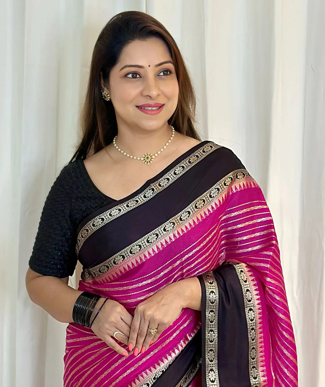Banarasi Handwoven  Silk Saree With Stripes Design & Solid Border Pink And black - The Weaver Banaras