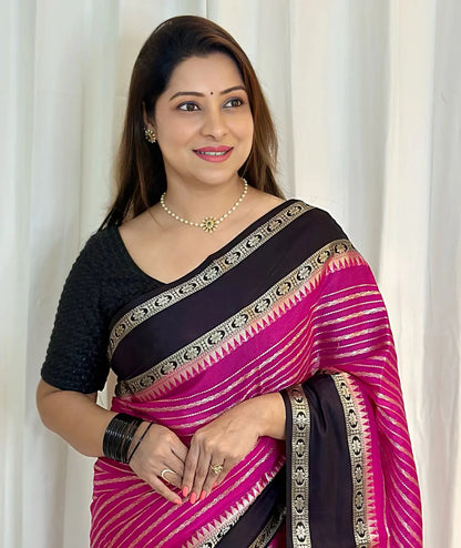 Banarasi Handwoven  Silk Saree With Stripes Design & Solid Border Pink And black - The Weaver Banaras