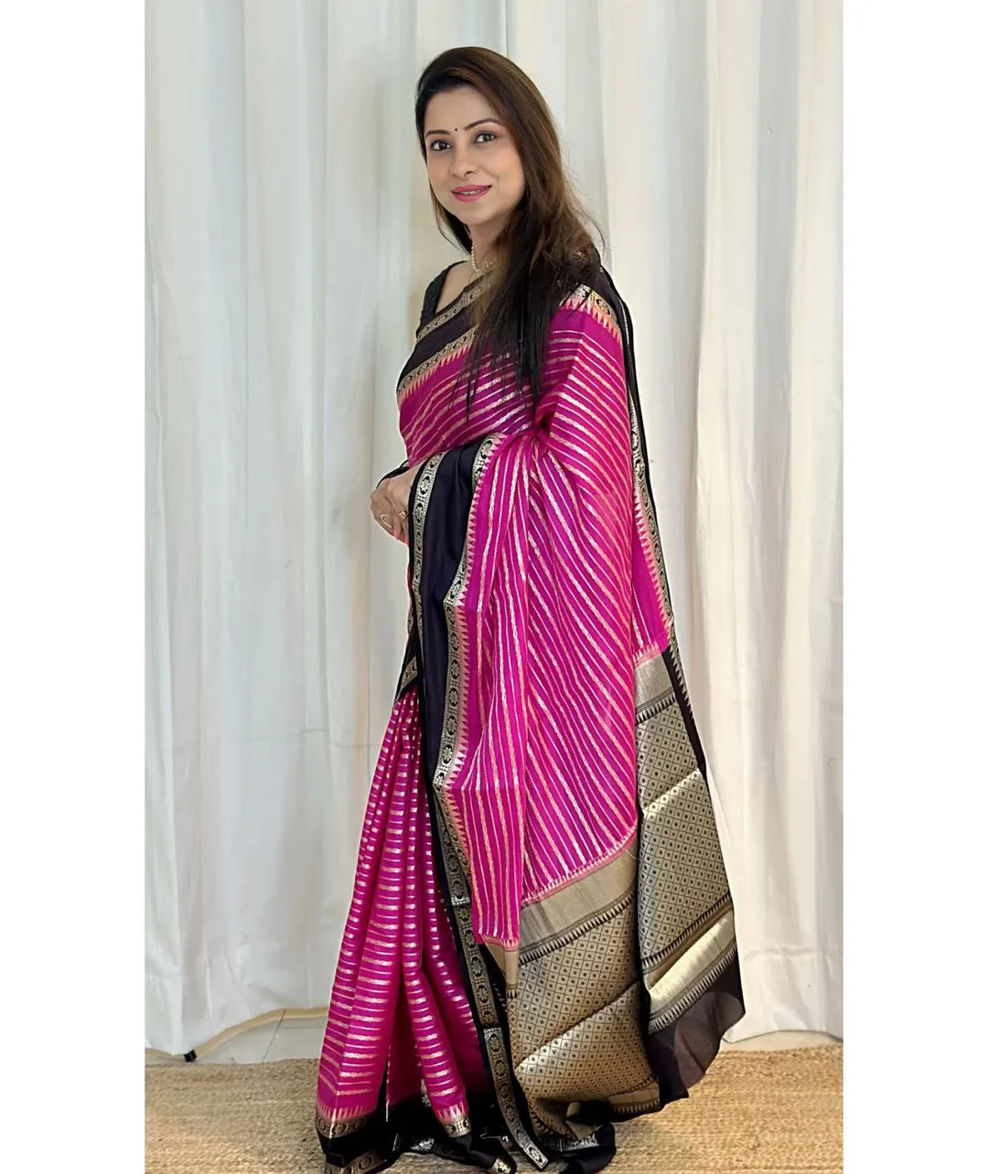 Banarasi Handwoven  Silk Saree With Stripes Design & Solid Border Pink And black - The Weaver Banaras
