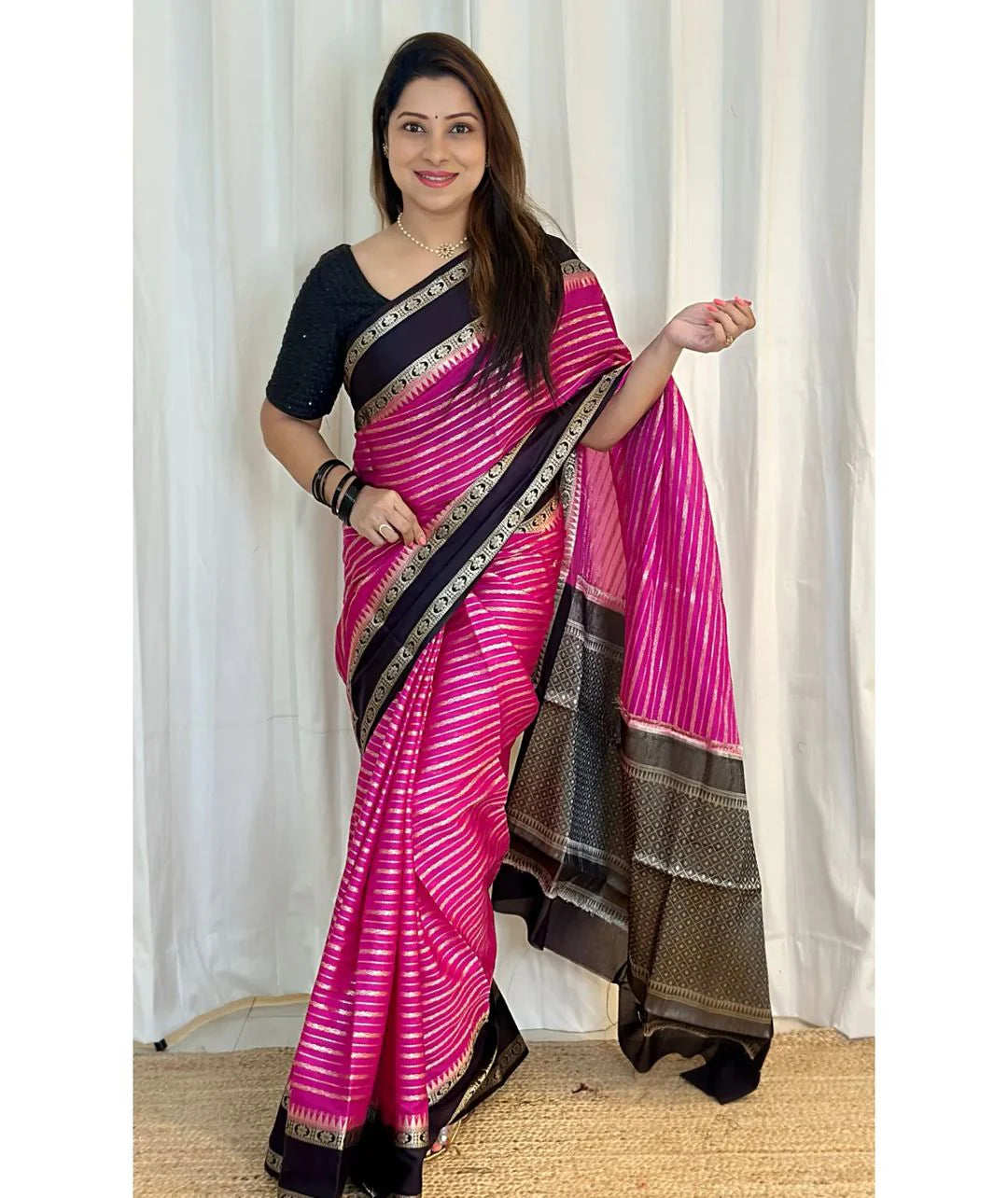 Banarasi Handwoven  Silk Saree With Stripes Design & Solid Border Pink And black - The Weaver Banaras