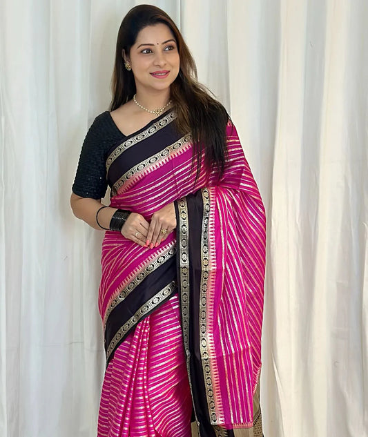 Banarasi Handwoven  Silk Saree With Stripes Design & Solid Border Pink And black - The Weaver Banaras