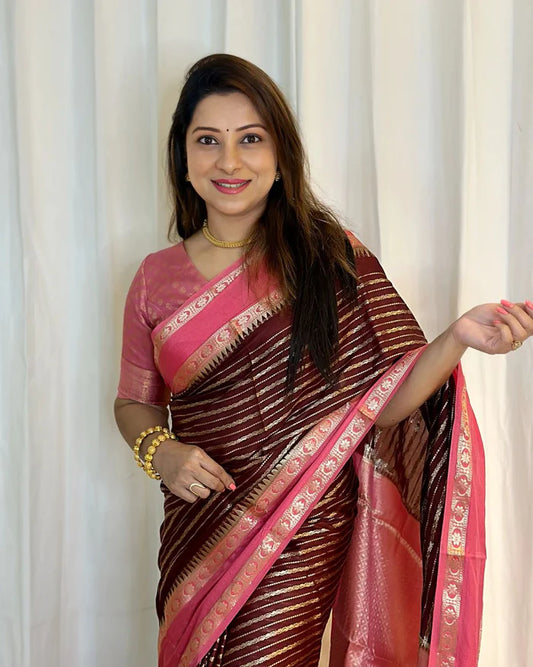 Banarasi Handwoven  Silk Saree With Stripes Design & Solid Border Wine And Pink - The Weaver Banaras