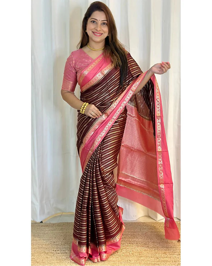 Banarasi Handwoven  Silk Saree With Stripes Design & Solid Border Wine And Pink - The Weaver Banaras