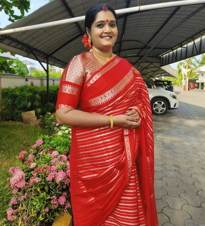 Banarasi Handwoven  Silk Saree With Stripes Design & Solid Border Red - The Weaver Banaras