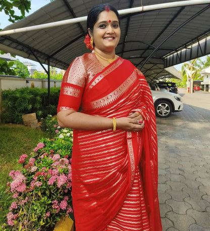 Banarasi Handwoven  Silk Saree With Stripes Design & Solid Border Red - The Weaver Banaras
