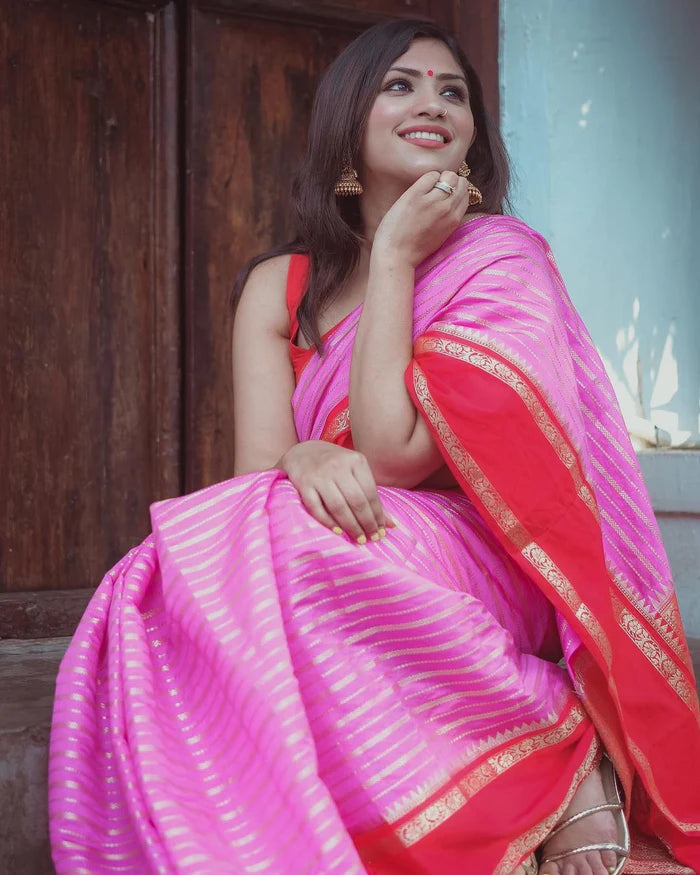 Banarasi Handwoven  Silk Saree With Stripes Design & Solid Border Pink And Red - The Weaver Banaras