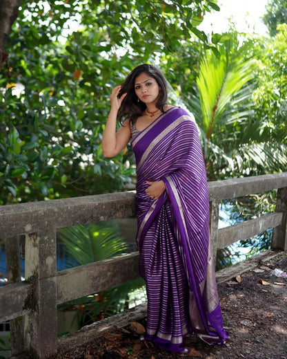 Banarasi Handwoven  Silk Saree With Stripes Design & Solid Border Lavender - The Weaver Banaras