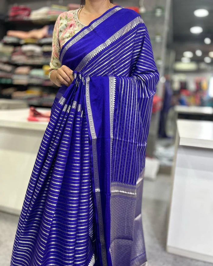 Banarasi Handwoven  Silk Saree With Stripes Design & Solid Border Royal Blue - The Weaver Banaras