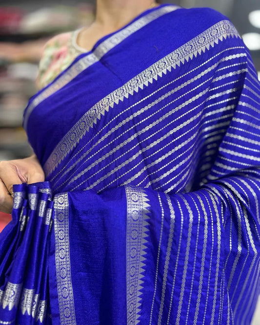 Banarasi Handwoven  Silk Saree With Stripes Design & Solid Border Royal Blue - The Weaver Banaras