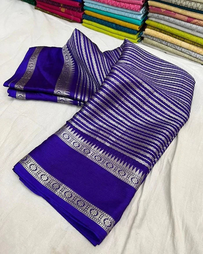 Banarasi Handwoven  Silk Saree With Stripes Design & Solid Border Royal Blue - The Weaver Banaras