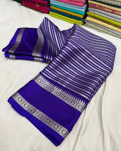 Banarasi Handwoven  Silk Saree With Stripes Design & Solid Border Royal Blue - The Weaver Banaras