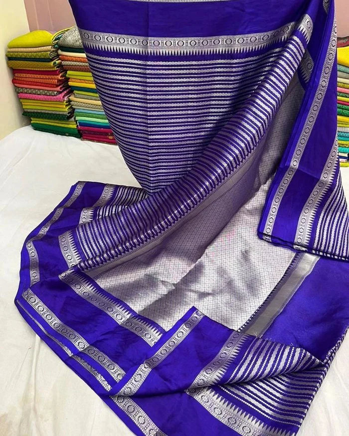 Banarasi Handwoven  Silk Saree With Stripes Design & Solid Border Royal Blue - The Weaver Banaras
