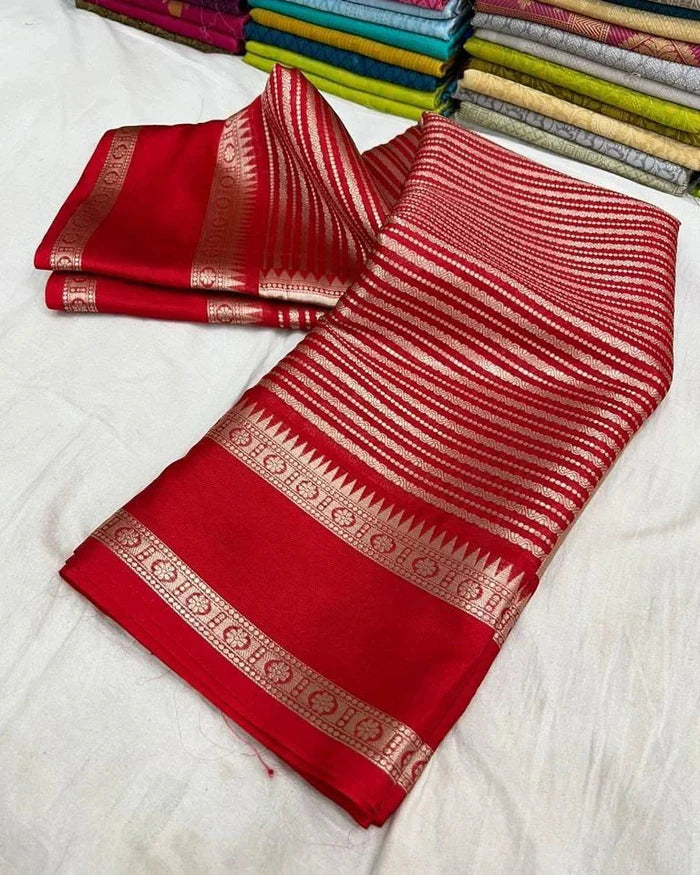 Banarasi Handwoven  Silk Saree With Stripes Design & Solid Border Red - The Weaver Banaras