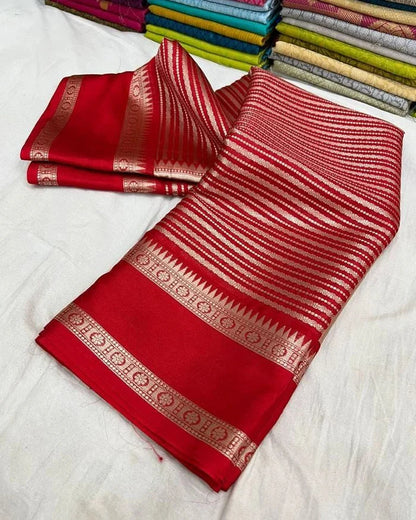 Banarasi Handwoven  Silk Saree With Stripes Design & Solid Border Red - The Weaver Banaras