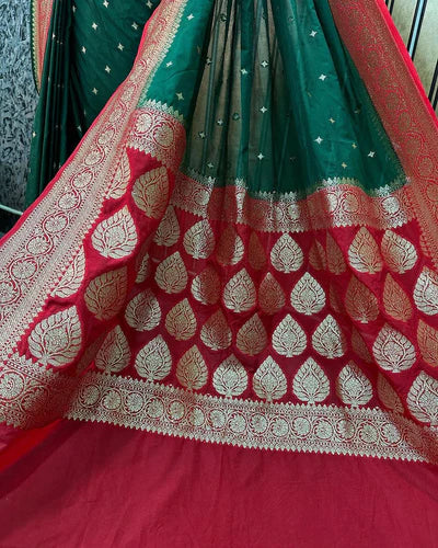 Katan Silk Handloom Banarasi Saree Green And Red - THE WEAVER