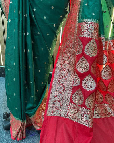 Katan Silk Handloom Banarasi Saree Green And Red - THE WEAVER