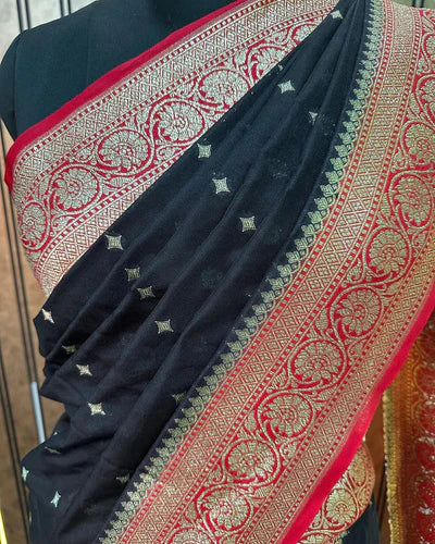 Katan Silk Handloom Banarasi Saree Black And Red - THE WEAVER