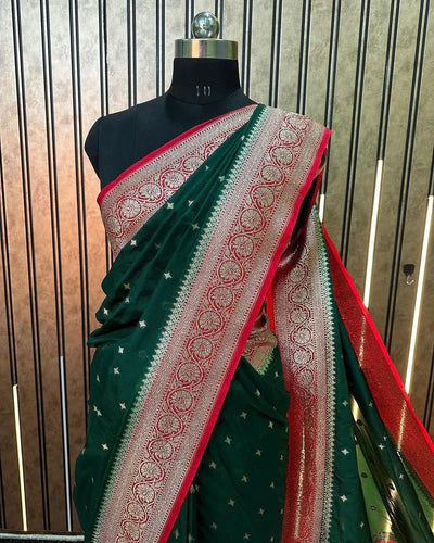 Katan Silk Handloom Banarasi Saree Green And Red - THE WEAVER