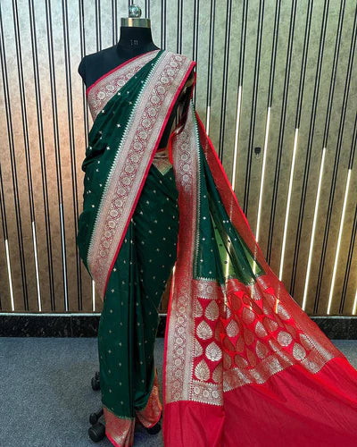 Katan Silk Handloom Banarasi Saree Green And Red - THE WEAVER