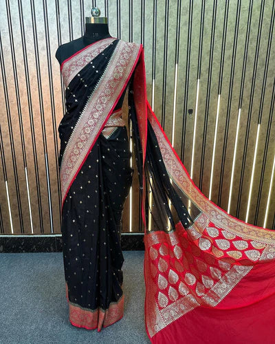 Katan Silk Handloom Banarasi Saree Black And Red - THE WEAVER