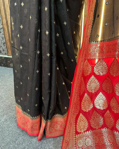 Katan Silk Handloom Banarasi Saree Black And Red - THE WEAVER