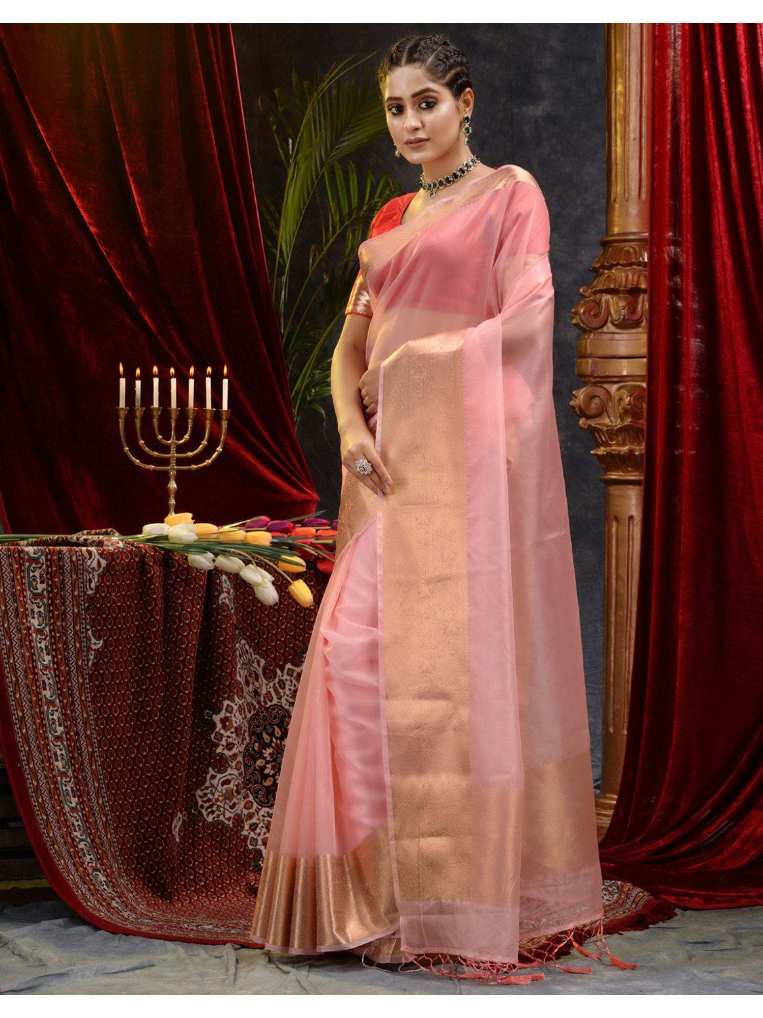 The Weaver's organza banarasi saree-salmon pink - THE WEAVER