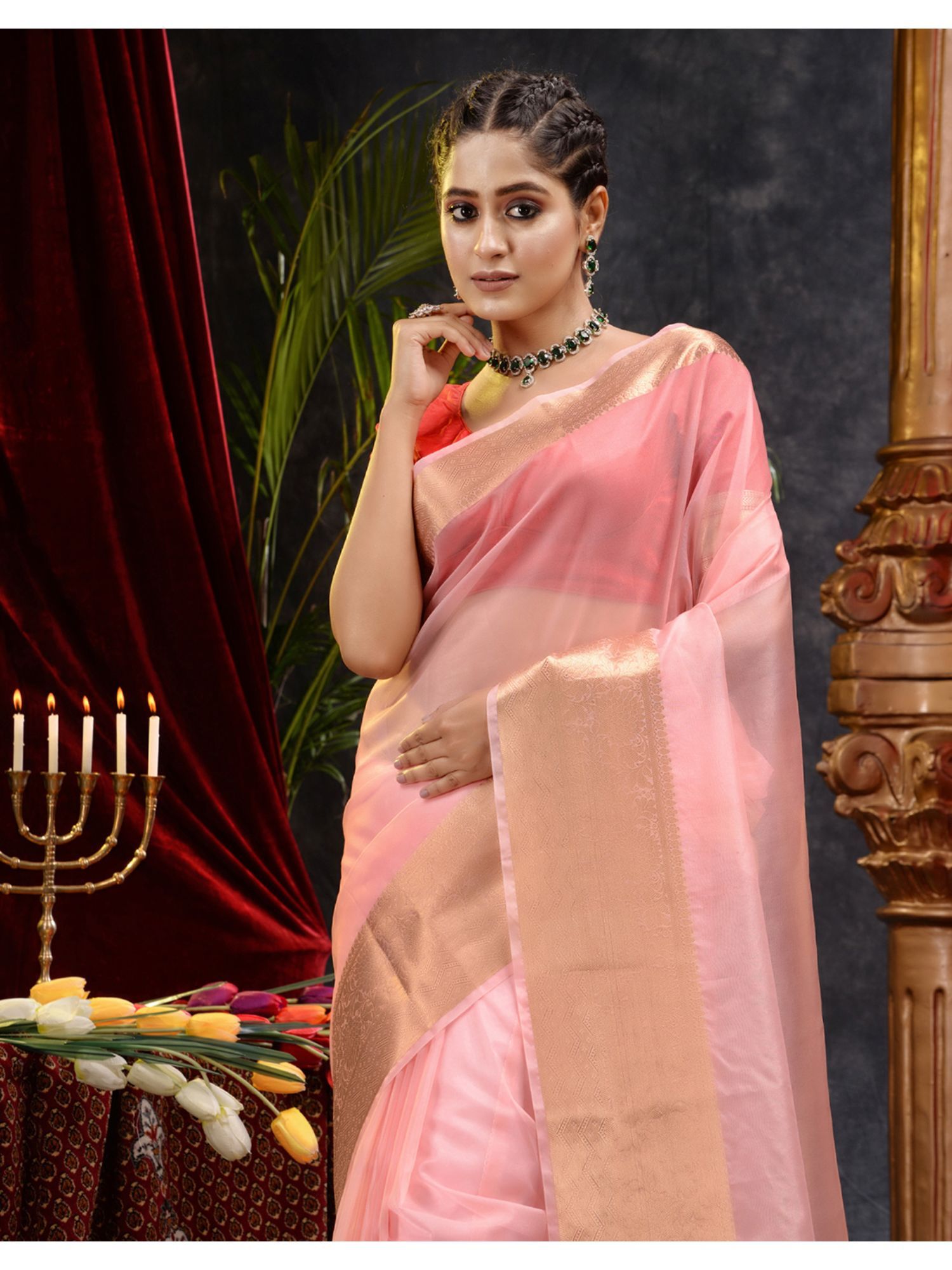 The Weaver's organza banarasi saree-salmon pink - THE WEAVER