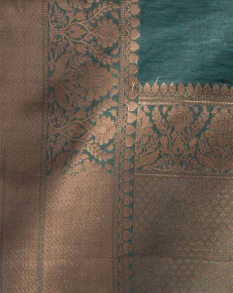 Pure Linen Banarasi Saree Pine Green - The Weaver Banaras